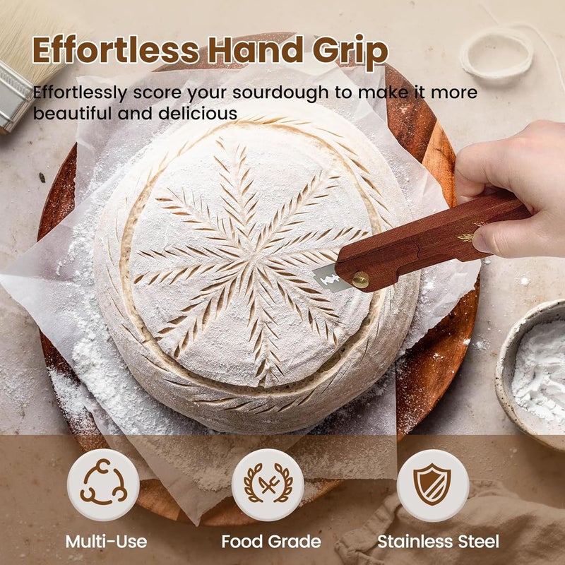 Drcomtruing Bread Lame Dough Scoring Tool, Upgrade Bread Scoring Tool for Sourdough Bread Baking, Sourdough Scoring Tool for Homemade With 10 Razor Blades (Reddish Brown) - Image 3